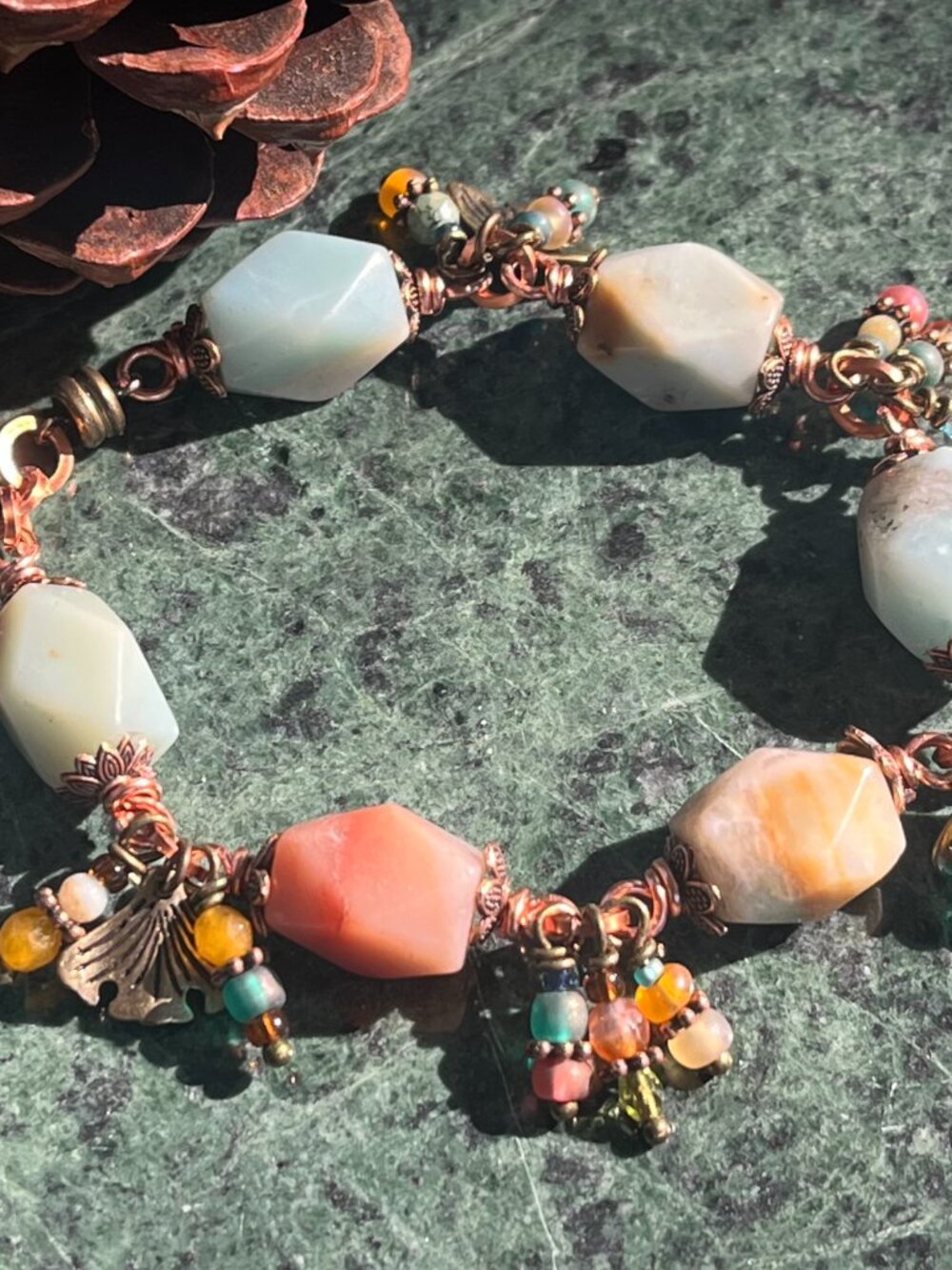 Faceted Amazonite Gemstone Bracelet | Dangle Charms | Boho Handcrafted Jewelry